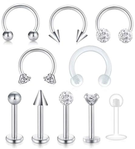NTRUXZP 10 Stück Chirurgenstahl Lippenpiercing Stecker Set Silber Tragus Helix Piercing Schmuck, Piercing Tragus Helix Piercing Lippen Retainer Conch Piercing Ohrstecker