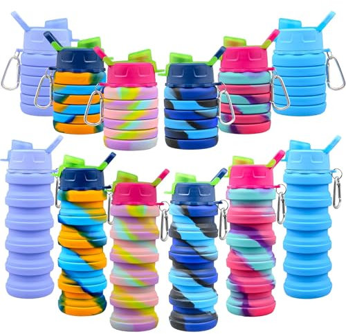 12 Pack Collapsible Sport Water Bottles Bulk, 500 ml Silicone Foldable Water Bottle with Carabiner, Portable Leakproof Clip On Water Bottle Reusable Travel Bottle for Camping Hiking Cycling Outdoor