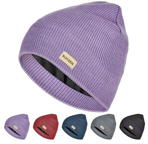 Sukeen Wasserabweisende Winddichte Beanie Wintermütze Herren Damen Mütze Herren Strickmütze Warme Beanie mit Polarfleece Warmem Futter, Unisex-Strickmütze für Outdoor-Sport Laufen Radfahren–Lila