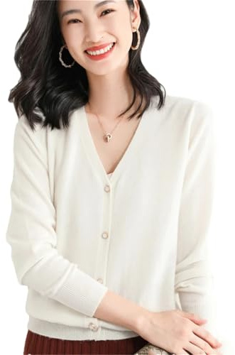 Cardigan da donna in cashmere, ampio, con scollo a V, con bottoni, tinta unita, lavorato a maglia, bianco, XXL