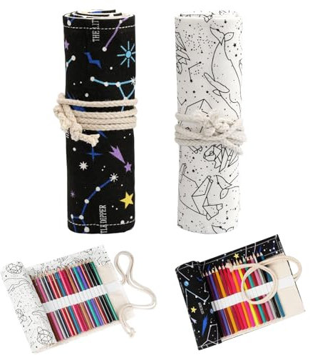 36 Löcher Leinwand Stifterolle Roll, 2 Stück Stifterolle Rollmäppchen, Leinwand Pencil Wrap, Konstellationsmuster Bleistift Wrap, Stifte Mäppchen Rolle, für Künstler Malerei, Skizzer, Studenten