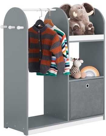 SoBuy Kinderkleiderschrank mit 3 Haken Kindergarderobe Kleiderschrank Kinderzimmer Kinder Kleiderschränke mit Boxen Kleiderständer Kinder Regal Kinderzimmer Gris 97x108x35cm KMB40-HG