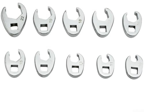Zilimontt Hahnenfußschlüssel-Set aus Karbonstahl, 10–22 mm, 3/8-Zoll-Antrieb, offenes Ende, metrischer Schlagmutterkopf, verchromt, 10-teiliges Set für Autoreparatur