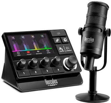 Hercules Stream Essentials Kit – Stream 200 XLR Gaming-Audio-Controller für PC + XLR-Mikrofon + Voicemod Pro (3 Monate) – Soundkarte & Submixes für Streamer