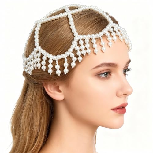 GORGECRAFT Copricapo con Berretto di Perle Bianche 1920s Catena per Testa Flapper Perline Nappa Maglia Catena per La Fronte Gioielli per Capelli da Sposa Matrimonio Festival Festa Danza del Cosplay