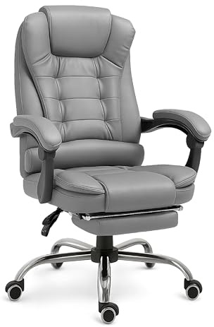 RMF Silla de Oficina Ergonómica Profesional Reclinable, Silla de Escritorio Cómoda y Relajante con Reposapiés - Sillón Relax con Ruedas Giratorias y Altura Ajustable Gris