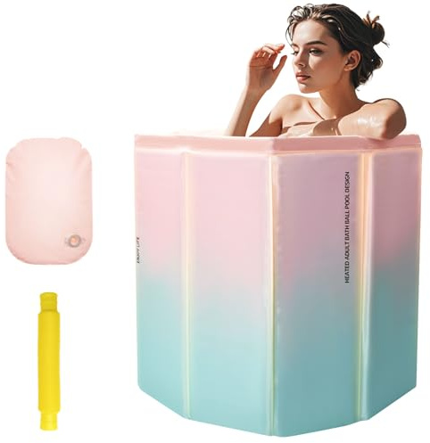 YTACREA Baignoire Portable Pliable Adulte, Baignoire de Trempage pour Bain Froid et Chaud, Rapide à Plier, avec Coussin de Siège Rempli D'eau, Douche, Spa, Sauna, 70*65CM, Vert Rose