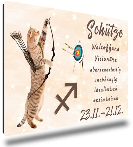 TRIOSK Kühlschrankmagnete Sternzeichen Magnet Katze mit Schütze Spruch Katzenmotiv Astrologie Geschenk lustig für Geburtstag Katzenliebhaber Kühlschrank stark eckig groß 85x55 mm