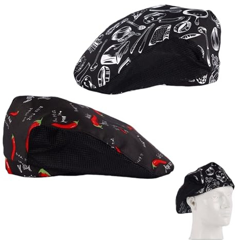 THXFUNAREA 2pcs Cappellino da Chef,Cappello da Cuoco Unisex da Cucina per Cuoco Uomo,Cappelli Bandana Cucina Berretto da Lavoro per Adulti, Fornai, Hotel, Ristorante(Stile Traspirante)