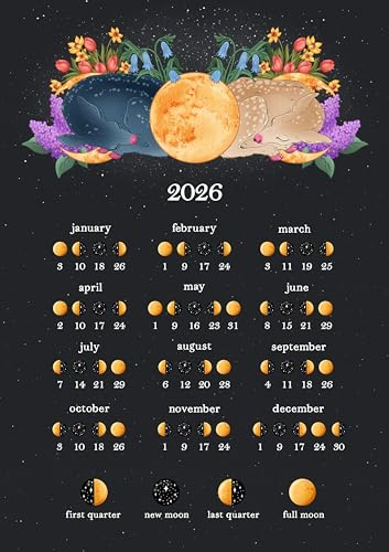 2026 Illustrated Moon Phase Calendar – 11×14 Cute Deer & Floral Lunar Wall Art, Premium 350gsm Poster for Nursery, Bedroom, Astrology & Witchy Decor