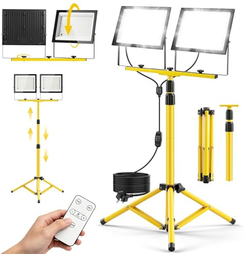 300W LED Work Light with Tripod, 30000LM Flood Light with 2 Adjustable Head,6500K Job Site Lights with Independent Switch Control & Telescopic Stand,Plug 5M, IP66 for Garage Workshop Construction Site