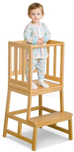 COSYLAND Tour d’Apprentissage Montessori pour Enfants, Sûre et Stable Tour d’Observation Enfant, Chaise d’Apprentissage Montessori à Partir de 18 Mois, Learning Tower – Coloris Naturel
