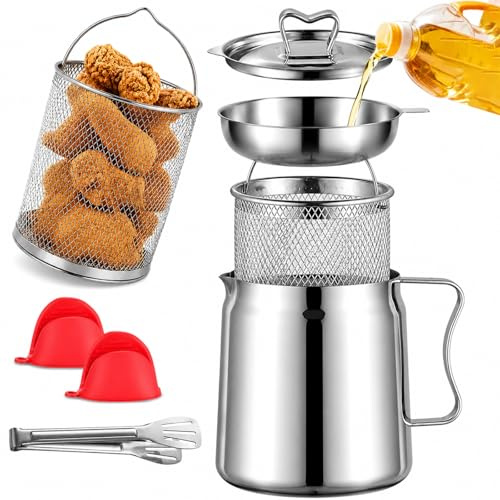 Mini Friggitrice in Acciaio Inox 304 con Cestello, Pentola Filtro Olio 2L Induzione, Contenitore Grasso Bacon e Patatine, Pentolino per Friggere Cucina e Campeggio (2L)
