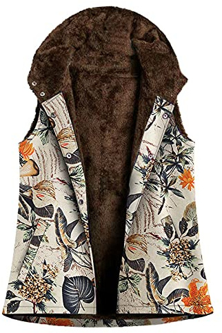 Damväst med huva – varm sherpafodrad väst med fickor knappar vintage väst fleece huvtröja ärmlös jacka etniskt blommönster ytterkläder kappa, M – 3XL, GUL, M