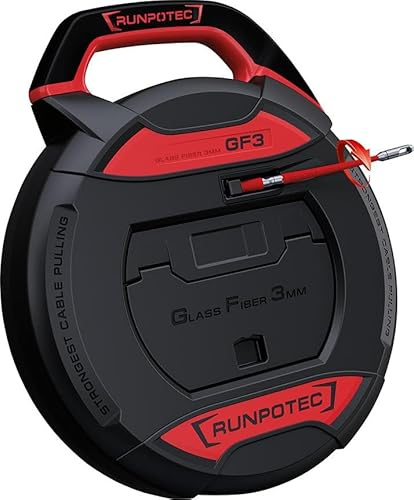 RUNPOTEC - GF3 Kabeleinziehgerät | 30m Kabeleinziehhilfe mit Glasfaserstab Ø 3mm | Stoßfeste & spritzwassergeschützte Kabelziehhilfe | Inkl. 16-teiligem Zubehörset