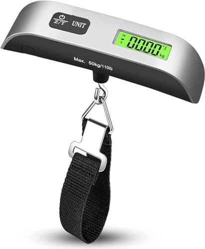 ROTOPATA Digital Luggage Scale, Handheld Suitcase Scale with Backlit LCD Display, 110 lbs/50kg Portable Baggage Weighing Scale with Temperature Sensor for Travel, Battery Included(Silver)