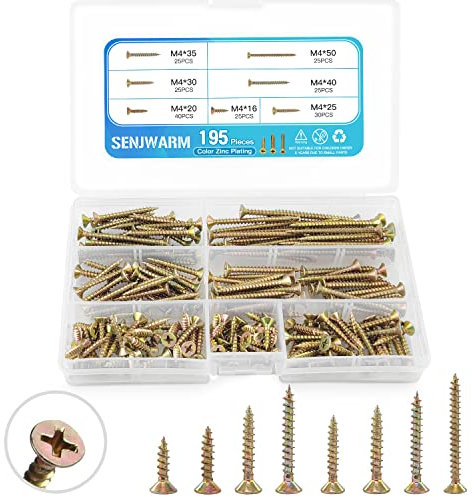 195 Stück Holzschrauben, M4 Selbstschneidende Schrauben, Linsenkopfschrauben, Selbstbohrende Spanplattenschrauben, Sortiment von Trockenbauschrauben - M4x (16/25/30/35/40/50 mm)