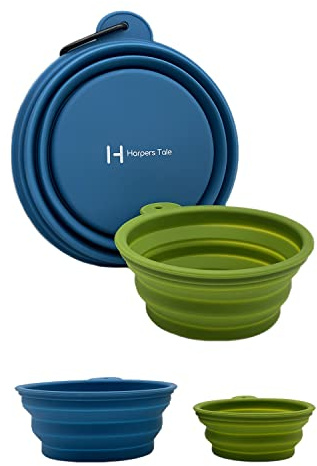 H HARPERS TALE Two Pack, Medium & Large Bowls 400ml 1000ml, Collapsible Travel Dog Food Water Bowls, Safe Silicone, Integrated Mold, No Plastic Rim, Carabiner Clip, BPA-Free, Steel Blue & Moss Green