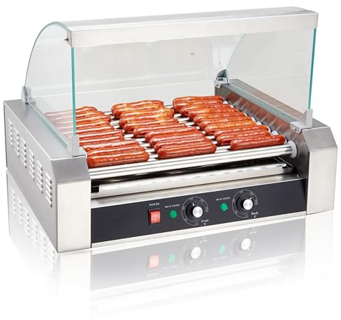 SYBO Hot Dog Roller, 30 Hot Dogs 11 Rollers Grill Cooker Machine with Removable Stainless Steel Drip Tray and Glass Hood Cover, 1430-Watts, Perfect for Commercial And Party