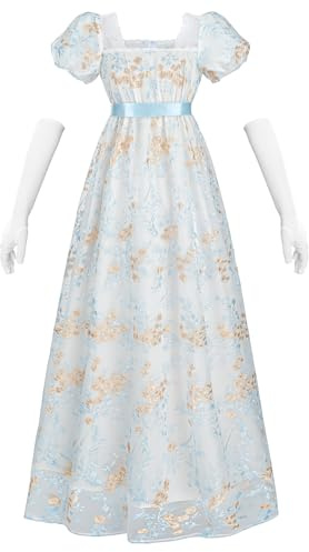 Fiamll Robe de bal Regency pour femme - Taille empire - Robe de bal - Costume Renaissance cottagecore avec gants, bleu, XL