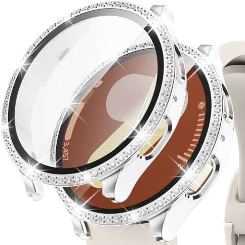 Kamita Diamond Skyddshölje Fodral Kompatibel med Samsung Galaxy Watch 7 40 mm, hårt PC Stötfångare Fodral med 9H Härdat Glas Glitter Skärmskydd för Galaxy Watch7 (Vit-Silver)