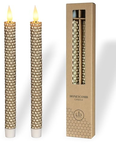bekvämt äkta vax LED-ljus med flimrande låga (set om 2), elektriska stavljus med timerfunktion, batteridriven ljus, bikakeutseende (guld)