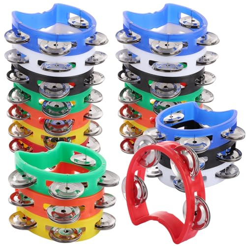 APACALI 21PCS Half Moon Tambourine, Tambourines for Adults, Small Tambourine with 4 Bells, Musical Tambourines for Musicians, Singers, Bands, 7 Colours