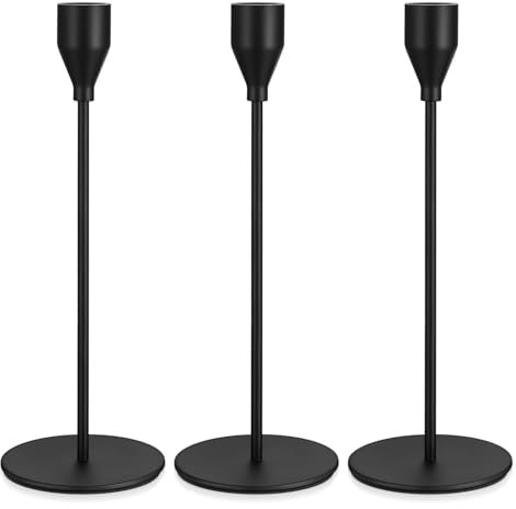 3 x Black Candle Holders, Black Candlestick Holders for Taper Candles, Taper Candle Stand Holders, Metal Candle Sticks Holder for Home Wedding Party Dinner Tabletop Decor Housewarming Gift, 8.85