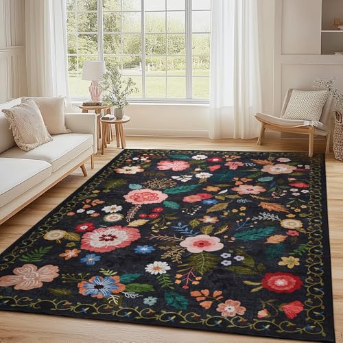 Alfombra de salón, 140 x 200 cm, estilo vintage floral, lavable y antideslizante, estampado plano, diseño ultrafino, ideal para dormitorios, habitaciones infantiles, baños y lavanderías, color negro