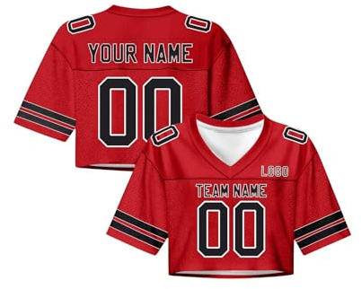 Top Corto Oversize Y2K Streetwear, Camiseta de fútbol Americano para Mujer Personalizada con Nombre y número, Top Deportivo con Escote en V y Manga Corta Conjunto de Animadora.