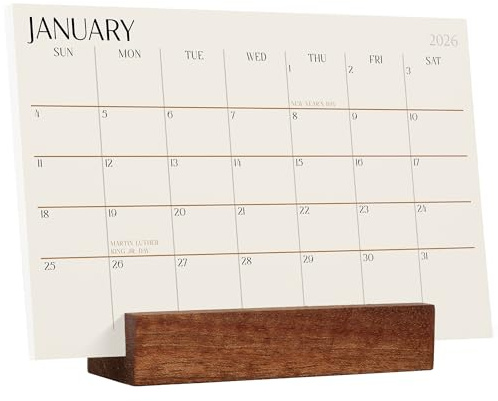 Karto 2026-2027 Desk Calendar - Two-Year Calendar with Wood Stand, 4x6 Inch Months for Office or Home - Sapele Beige
