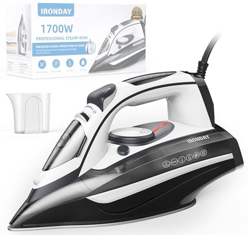 IRONDAY Steam Iron for Clothes 20s Fast Heat-up,1700W Iron with 14.07oz Large Water Tank,Non-Stick Ceramic Soleplate, Anti-Drip, Auto-Off, Burst Steam, Self-Cleaning