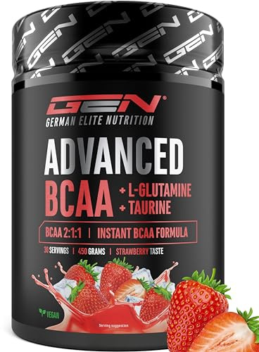 Advanced BCAA en polvo 450 g - Aminoácidos en proporción 2:1:1 con L-glutamina y taurina - BCAA instantáneos, excelente solubilidad y sabor - Vegano - 30 raciones (Strawberry)