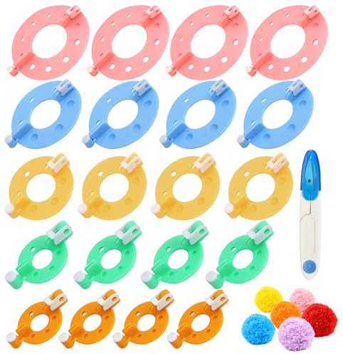 20 Pieza Pom Pom Maker Kit, 5 Tamaños Kit de Fabricación Pompones, Pompom Maker 5 Colores Ligero Práctico Espacio Creativo Ilimitado para Proyectos Manualidades Tejido Hilo DIY con Cortadora Hilo