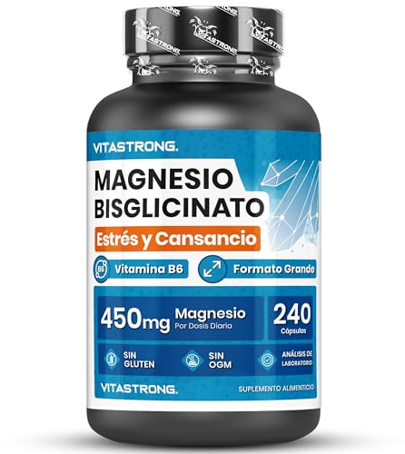 Magnesio Bisglicinato Vitastrong 450 mg por Dosis con Vitamina B6, 240 Cápsulas Premium Quality, Reducción del Cansancio y la Fatiga, Soporte Muscular, Sistema Nervioso y Energía, Sin Gluten ni OGM