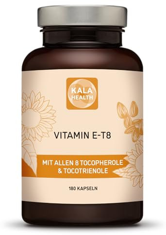 Kala Health Vitamin E - Einzigartige Formel mit allen 8 Tocopherolen und Tocotrienolen - 180 Vitamin E8 T8 Antioxidantien für Haar, Haut & Anti-Aging - GMO & PAK-frei - Hergestellt in der EU