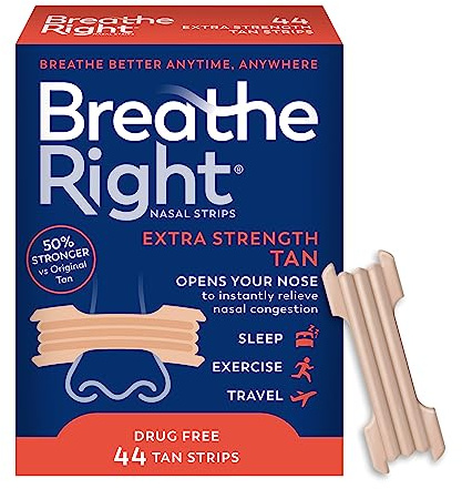 Breathe Right Nasal Strips, Extra Strength Tan Nose Strips, Drug-Free Nasal Congestion Relief for Better Breathing, Help Relieve Snoring, Caused by Colds & Allergies, Deviated Septum, 44ct