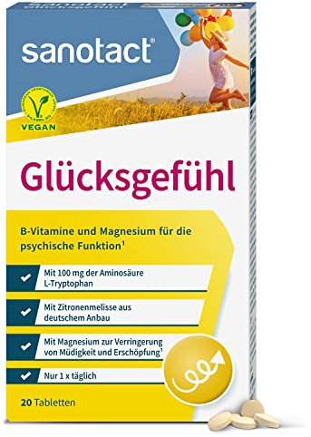 sanotact Glücksgefühl (20 Tabletten) • Natürlicher Stimmungsaufheller hochdosiert • Vitamin Tabletten mit Zitronenmelisse, Vitamin B Komplex, L-Tryptophan & Magnesium • B-Vitamine