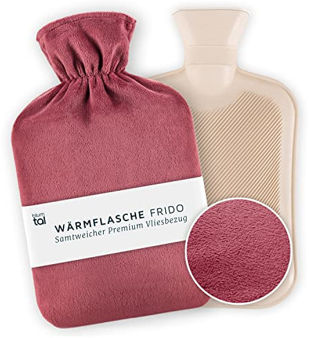 Blumtal Premium Wärmflasche mit Wärmflaschenbezug aus weichem Fleece - Wärmeflasche aus Naturkautschuk - große Wärmflasche - Hot Water Bottle - auslaufsichere Bettflasche gegen Schmerzen in Rot