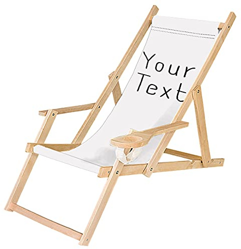 Ferocity Holz-Liegestuhl Klappbar Klappliegestuhl mit Armlehne und Getränkehalter Strandstuhl Motiv Bedrucken Weiß Dein Logo/Text [119]