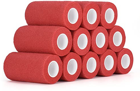 12 Roll Selbstklebender Verband 10cm Kohäsive Bandage Selbsthaftende Haftbandage Verband Elastische Binde für Finger, Hand Cohesive Bandage Fixierverband Pet Vet Wrap für Pferd Dog Bandagen (Rot)