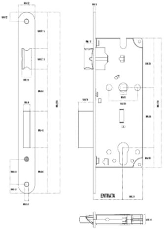 SACAR - SERRATURA PER PORTE CON FORO 50MM - CILINDRO DA INFILARE 22MM - LUNGHEZZA 210MM - ACCIAIO OTTONATO