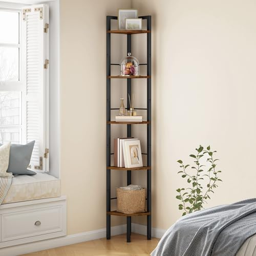 Tajsoon Narrow Corner Shelf Stand 5 Tier 66.5 Industrial Corner Ladder Shelves with Metal Frame, Multipurpose Tall Corner Bookshelf Bedroom, Living Room, Office, Kitchen, Rustic Brown