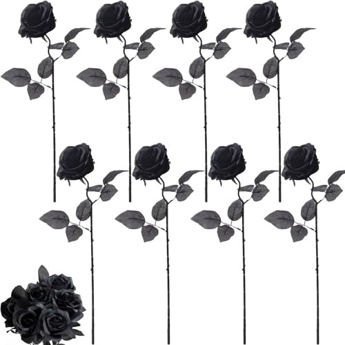 BSGZCM 8 Pieces Black Roses, Black Roses Artificial Flowers, 39 Cm Realistic Single Long Stem Silk Black Flowers Fake Rose Bridal Bouquet for Wedding Home Party Arrangment Hotel Garden Decoration