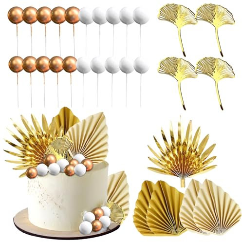 29 Stück Boho Kuchendekorationsset, Tortendeko Gold, Wiederverwendbare DekoTorte für Geburtstags, Hochzeitsfeiern, Champagner Rose Kuchendekoration Tortendeko Kugeln Cake Topper Gold