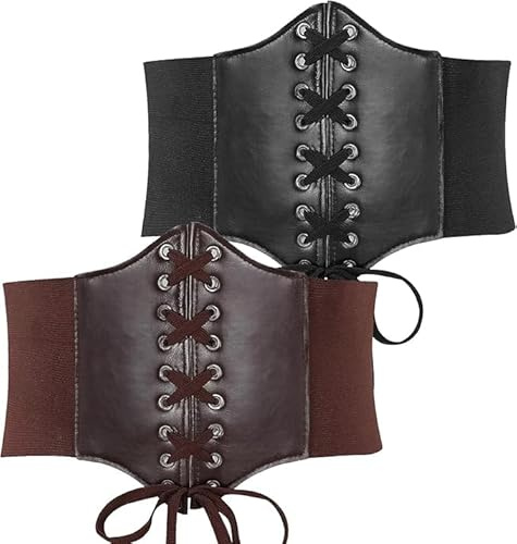 QYDMIN Corset Negro/Marrón 2 Piezas, Cinturón Retro Elástico, Corsé Pirata de Mujer para Fiesta de Halloween