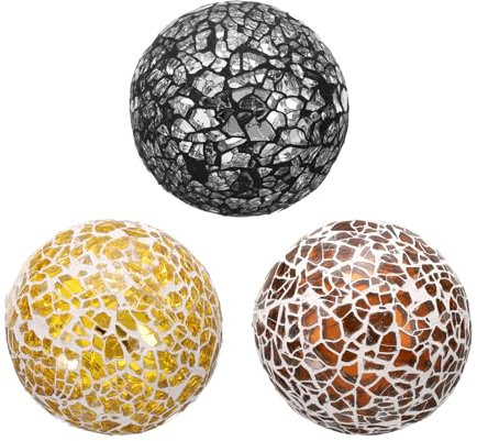 sourcing map 3Pcs Decorative Glass Balls 2.36 Inch Orbs Centerpiece Balls Mosaic Glass Ball Sphere for Decor Bowls Vases Dining Table Party, Silver Black, Gold Tone, Brown