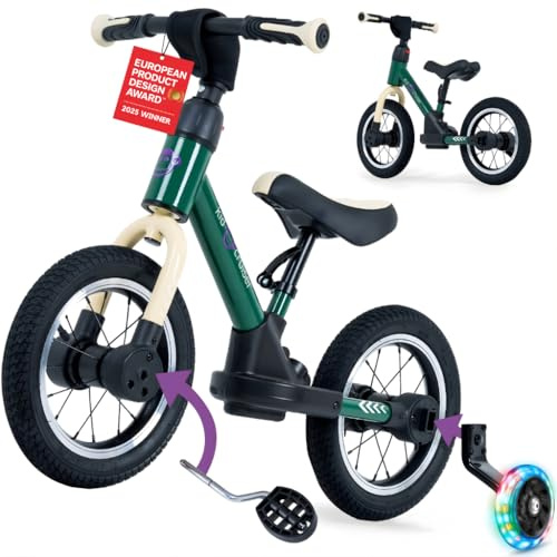 Kidcruiser Pedalplay laufrad ab 2 Jahre, ideal zum Radfahren Lernen, 3‑in‑1 mit LED Stützrädern & Pedalen, besonders robustem Modulrahmen - Waldgrün