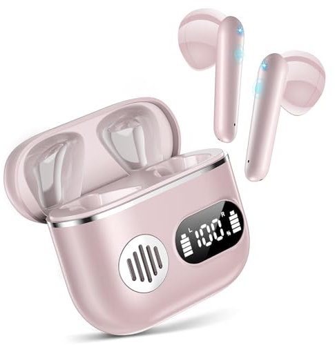 EUQQ Kopfhörer Kabellos Bluetooth, 2024 Neue Bluetooth 5.3 In Ear Kopfhörer HiFi Stereo mit ENC Mic, 48Std Kabellose Kopfhörer mit LED-Anzeige IPX7 Wasserdicht Ohrhörer für Sport Rosa