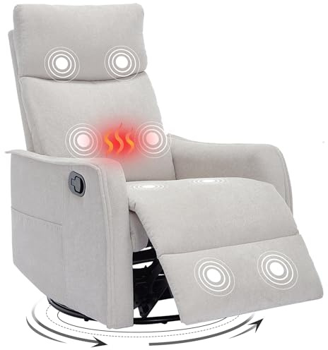 Trustyue Swivel Rocker Recliner Chair, 360° Swivel Recliner with Heat and Massage, Rocker Recliner Nursery Glider Chair with Side Pockets for Living Room (Beige, Fabric)